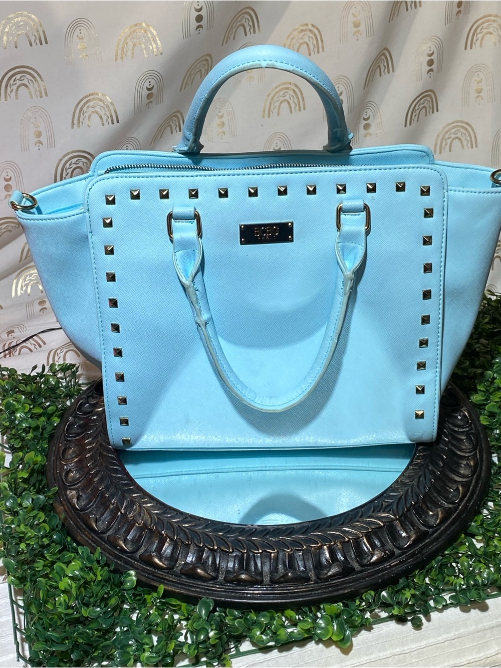 BCBG Light Blue Stud-Trim Structured Tote